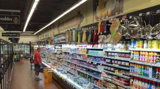 A well-stocked supermarket aisle with a variety of products and a customer browsing the shelves.