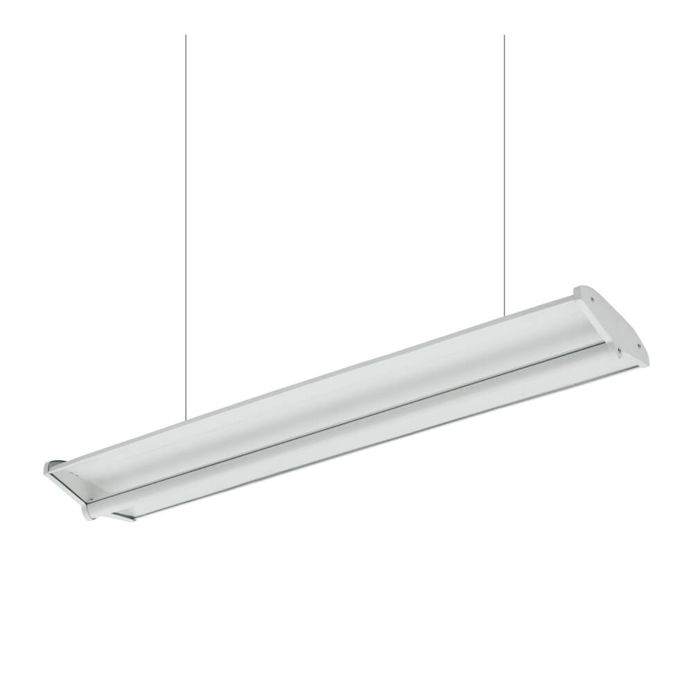 Suspended 1x4 LED pendant light HG-L208 with up and down illumination by Halcon Lighting, showing transparent design when off