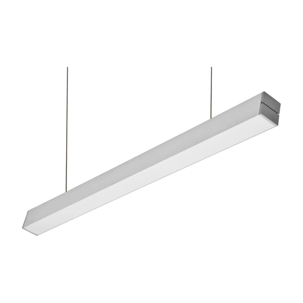 "Suspended 1x4 LED Pendant Light Down HG-L242W by Halcon with Direct/Indirect 70:30 light split and field-selectable features"
