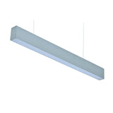 Suspended 1x4 LED pendant light with up/down direct/indirect illumination by Halcon Lighting, offering a 70:30 light split and emergency backup option