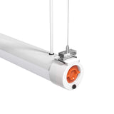 Halcon Lighting Vapor Tight LED light IP65, suitable for wet and severe environments, showing ceiling suspension with wire and metal clamps