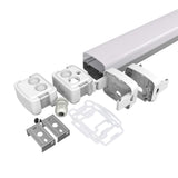 Disassembled Vapor Tight LED light fixture showcasing main housing, covers, brackets, and sealing components, ideal for harsh environments