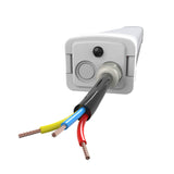 Vapor Tight LED light accessory with toggle switch and protective cable gland showing red, blue, and yellow wires, ideal for industrial environments and harsh conditions