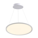 "Modern Halcon Round LED Pendant Light with white finish, available in multiple sizes, featuring direct/indirect lighting options for versatile room lighting"